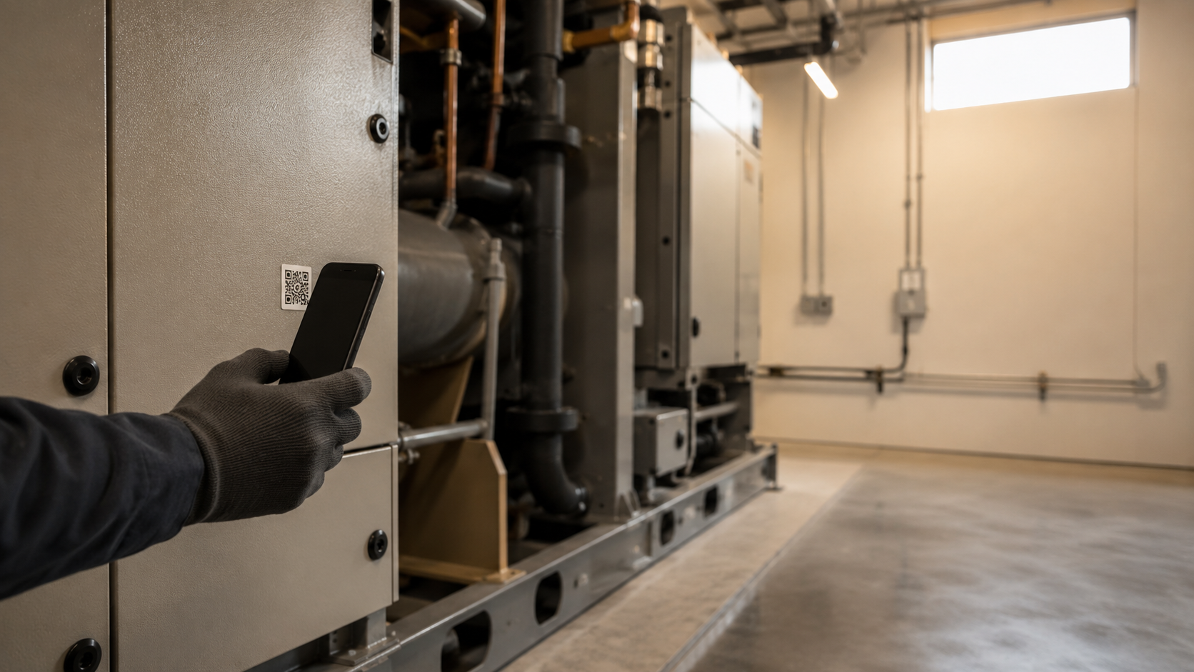 A maintenance technician's gloved hand scanning a QR sticker on a commercial mechanical cabinet in a utility room.