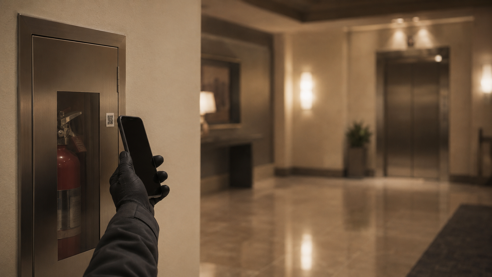 A gloved hand scanning a QR sticker on a wall-mounted glass-front fire-extinguisher cabinet in a softly-lit residential lobby.